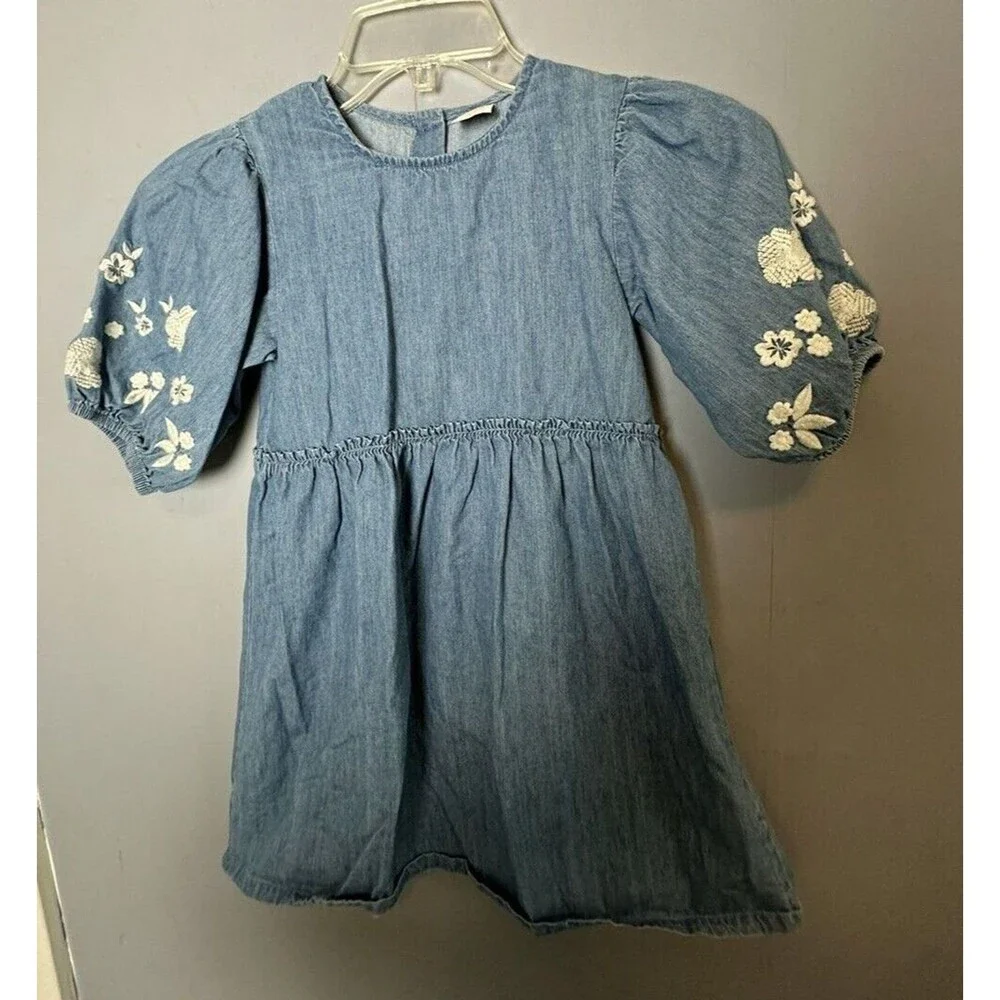 Wonder Nation Denim Chambray Girls Dress S 6-6X Embroidered Puff Boho Sleeves
